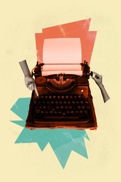 istock Composite trend artwork 3D sketch image photo collage of typewrite machine author novel book document press print arm gesture finger point 2182063246