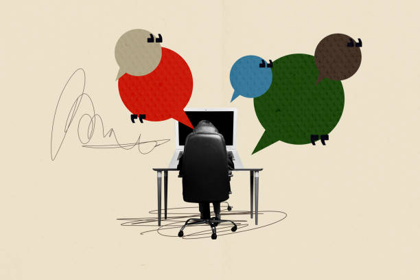 istock Composite trend artwork sketch image 3D photo collage of speech cloud chatting conversation forum person sit armchair work laptop 2182063253