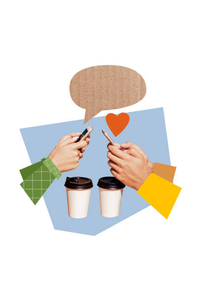 istock Vertical creative art collage of hands type message bubble phone heart notification coffee cup beverage isolated on painting background 2182063426