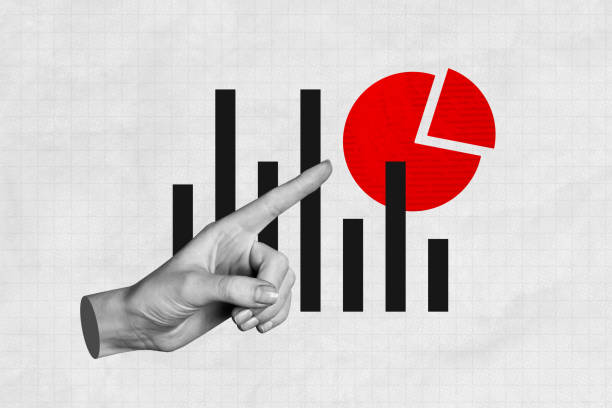 Creative collage picture 3d hand body fragment pointing gesture finger charts statistics economy infographic business progress.