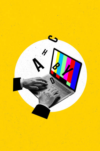 istock Vertical creative collage picture hands body fragment typing business user keyboard laptop letters screen display drawing background 2182063677