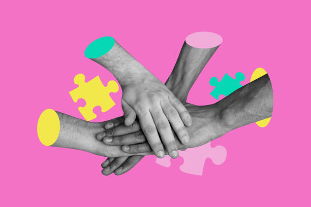 Composite artwork sketch image photo collage of four hands different person group hold arm together partnership puzzle idea creative team