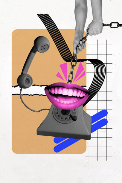 istock Composite trend artwork sketch image photo collage of anonymous hand hold chain mouth lips call talk land line phone service client rumor 2182063936