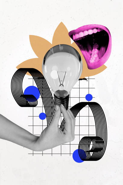 istock Vertical photo collage of hands hold light bulb idea finding illumination faceless mouth open bite power isolated on painted background 2182064487