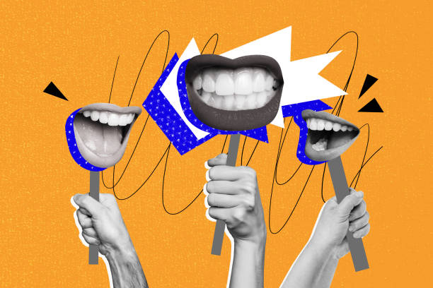 istock Composite photo collage of hands hold picket mouth grimace lips teeth anger strike demonstration crowd isolated on painted background 2182064672