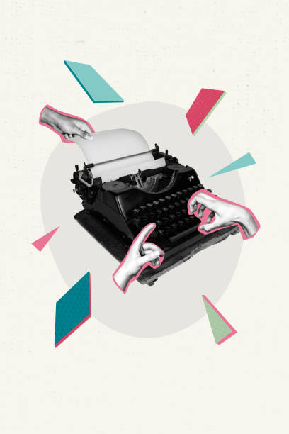 istock Vertical photo collage of hands type book story use typewriter machine push buttons letters print novel isolated on painted background 2182064691