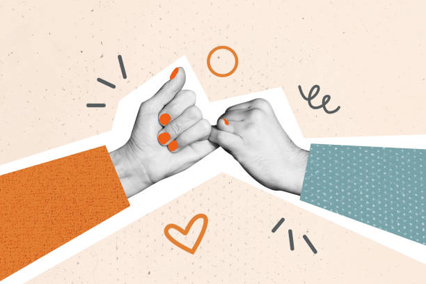 Composite photo collage of people hold pinky fingers hands together promice forgiveness game support together isolated on painted background Composite photo collage of people hold pinky fingers hands together promice forgiveness game support together isolated on painted background. pinky finger stock pictures, royalty-free photos & images