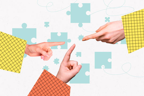 istock Creative collage hands body fragment finger gesture pointing showing puzzle match quiz teambuilding cooperation solve game 2182064990