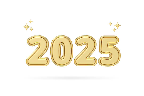 Golden 2025 text with sparkling stars, symbolizing bright and prosperous new year, ideal for New Year celebration themes and festive designs, 3d rendering