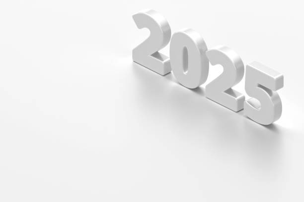 Minimalist white 2025 text on clean, white background, symbolizing fresh start and new year themes. Ideal for New Year, business goals, and futuristic concepts, 3d rendering