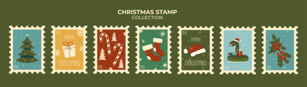 istock Retro Festive collection of Christmas and New Year postage stamps for envelopes with snowflakes,trees, snake and gifts for holiday greetings.Winter stickers.Poster and cards.Cold season.Holiday days. 2182070952