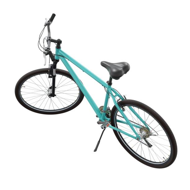 istock Blue teal bicycle standing on kickstand, side back view isolated on white background, 3D illustration 2182072483