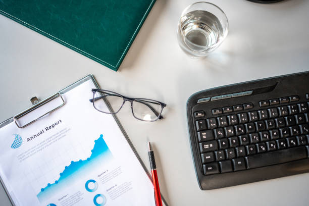 istock Modern Office Desk with Business Essentials 2182073372