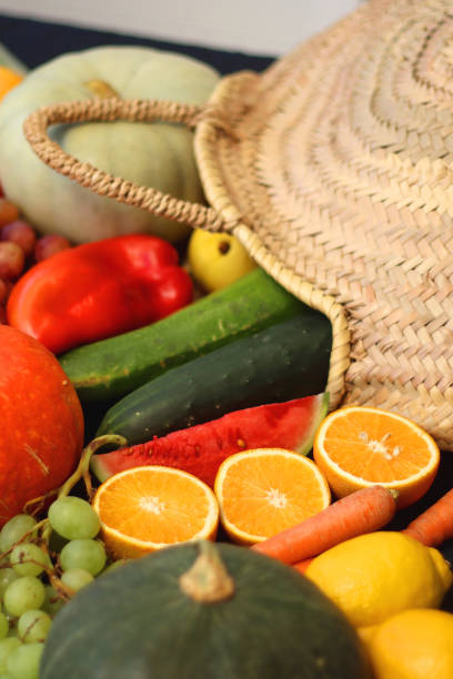 istock Straw Bag And Healthy Produce On Dark Background 2182073976