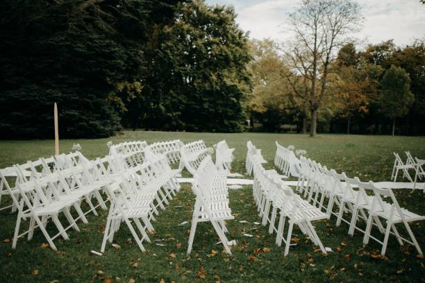 istock Wedding chairs in a garden 2182075452