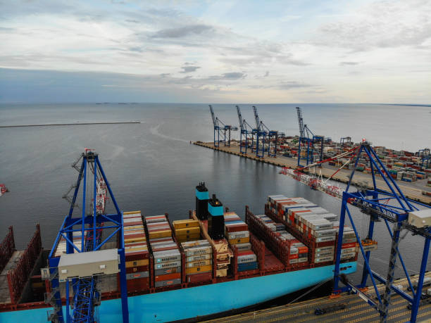 istock Cargo container ship port harbor aerial view Gdansk, Poland 2182075605