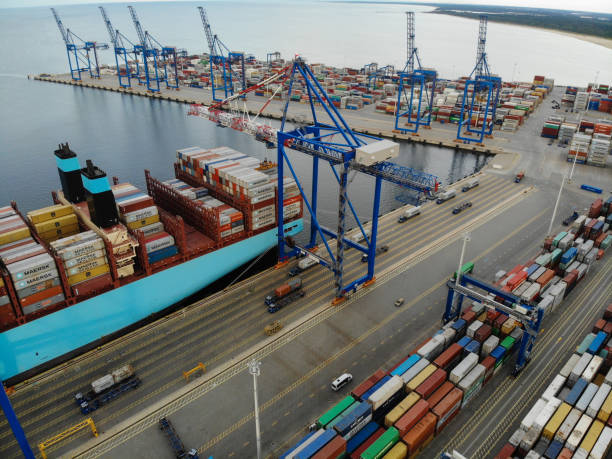 istock Cargo container ship port harbor aerial view Gdansk, Poland 2182075619