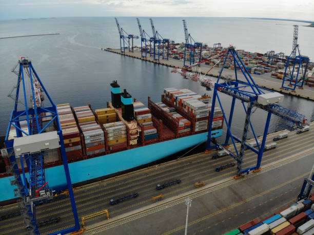 istock Cargo container ship port harbor aerial view Gdansk, Poland 2182075635