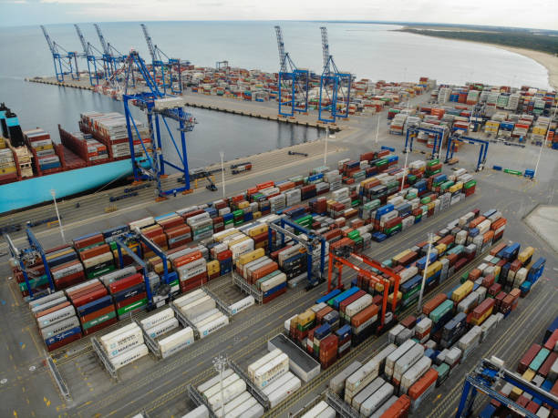 istock Cargo container ship port harbor aerial view Gdansk, Poland 2182075645
