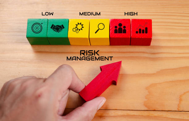 istock Risk management concept. Risk assessment level indicator rating. Business assess measurement. Hand arrow point on green, yellow, red color wooden block, low to high icon, table background, top view 2182076322