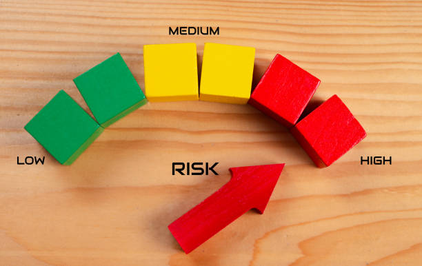 istock Risk management concept. Risk assessment level indicator rating. Business assess measurement. Red arrow point on green, yellow and red color wooden block, low to high on table background, top view 2182076339