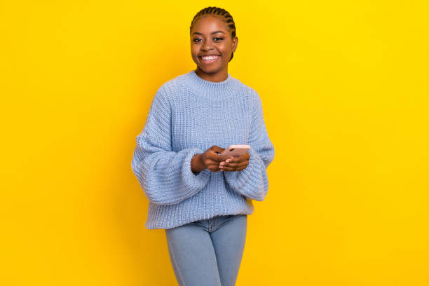 istock Portrait of young business lady communicating employee distant work directly looking camera isolated on bright yellow background 2182076626