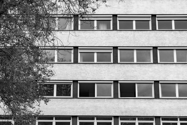 A large concrete building with many windows is partially obscured by a tree. The building has a simple, modern design.