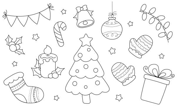 Black And White Christmas Coloring - Black And White Christmas Coloring Pages For Kids A Set Of Christmas Doodle Elements And 