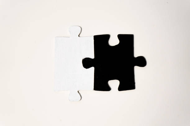 Jigsaw puzzle pieces isolated on white background. Black and white.