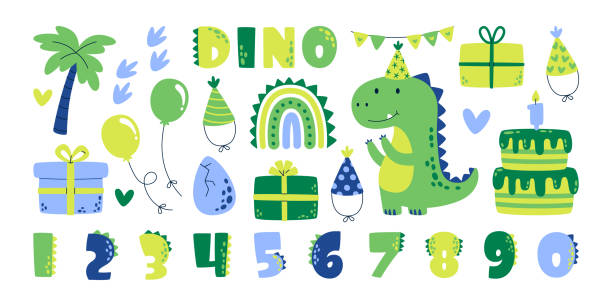 Children birthday party celebration set with cute dinosaur character and decorative elements Children birthday party celebration set with cute happy dinosaur character and decorative design elements. Festive object, delicious sweets and funny baby dino animal mascot vector illustration dinosaur birthday stock illustrations