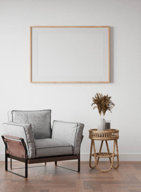 istock frame interior, mockup frame, living room, wood poster empty sunlight reflection, in home design, Homey interior design element cozy mockup, 3d render 2182097193