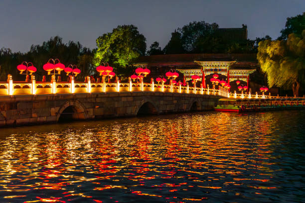 Garden lights in the dark and lanterns in the background.