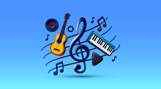 istock Musial treble clef collage, piano music play, guitar musician. Vector illustration 2182116159