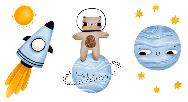 istock Newborn space cards with planet, rocker and teddy bear. Great space traveller. Adventure hand drawn illustration. Blue colors 2182118501