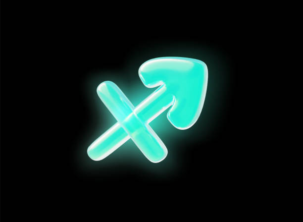 istock 3D Sagittarius zodiac sign, neon aquamarine glowing horoscope symbol on dark, volume illuminated astrological vector 2182123524