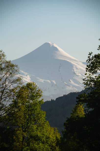 istock Volcano snowy peak sticks out among trees 2182124499