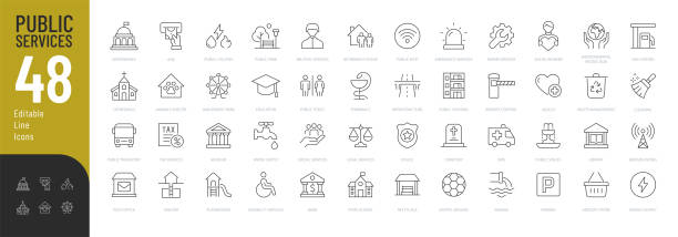 Public Services Line Editable Icons set. Vector illustration in modern thin line style of social icons: court, education, social services, and more. Pictograms and infographics for mobile apps school cleaning stock illustrations