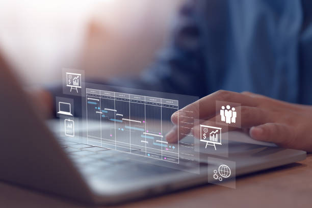 istock Project management with gantt chart icons, project manager working on computer and gantt planning Follow important events and update work progress. Schedule. 2182128060