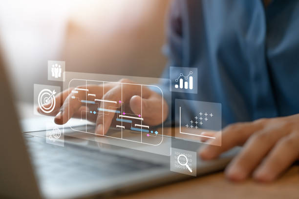 istock Project management with gantt chart icons, project manager working on computer and gantt planning Follow important events and update work progress. Schedule. 2182128061