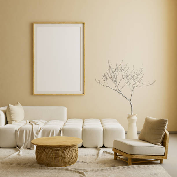 istock Mock up poster frame in boho style decorated livinig room. Modern, authentic Interior design of living room with wooden furnitures. 3D illustration 2182133782