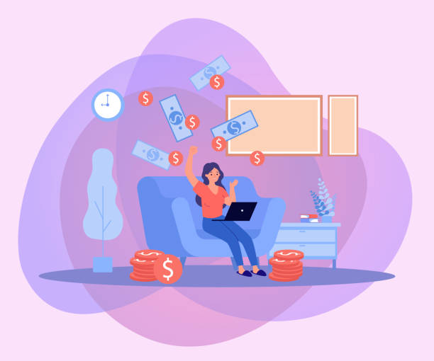 istock Cash falling on happy woman sitting on sofa with laptop 2182136795