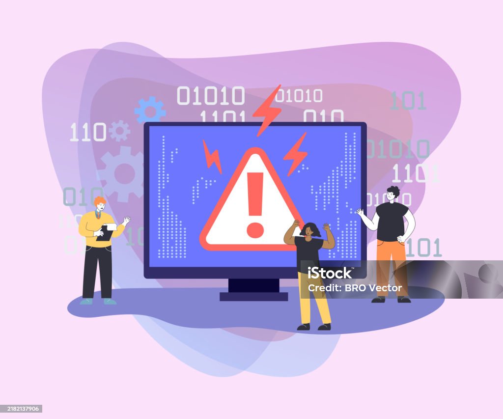 Tiny Programmers Next To Screen With Error Vector Illustration Stock ...