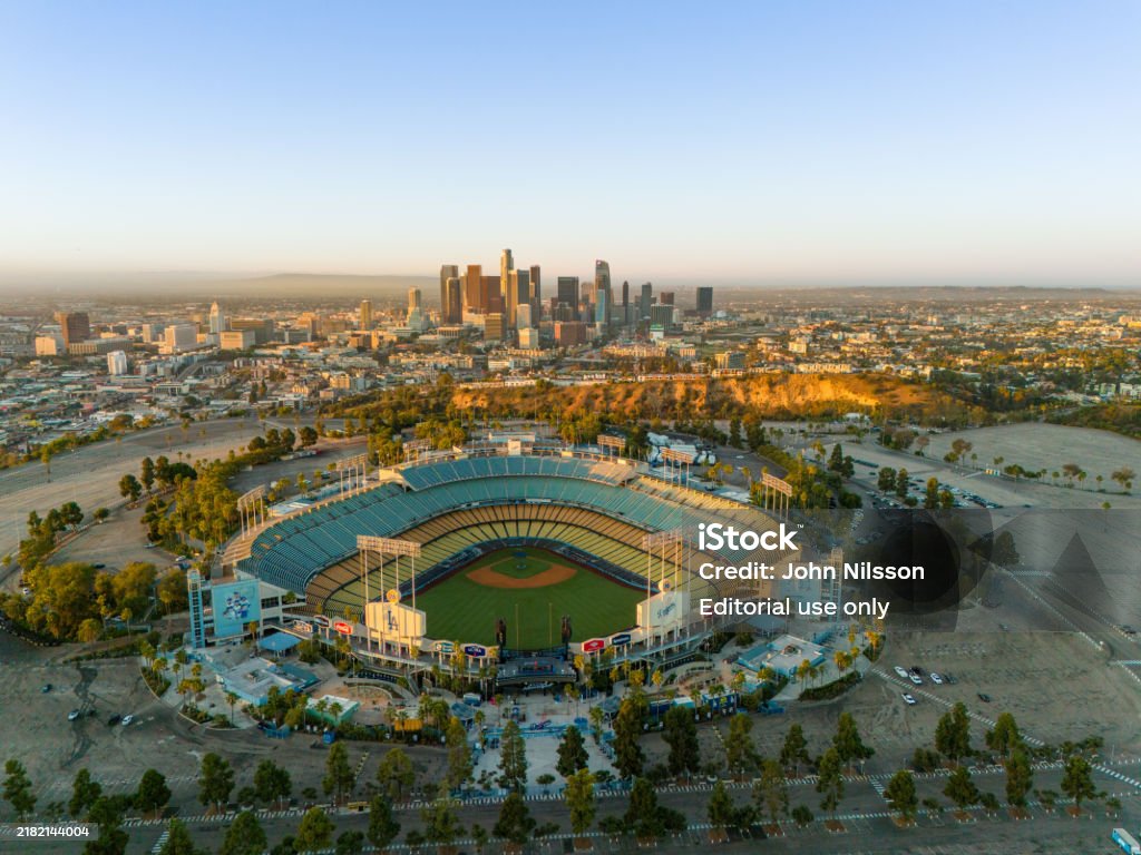 Dodgers Stadium With The Skyline Of Downtown Los Angeles At Dawn Aerial ...