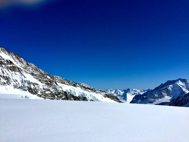 EXWS snow field in foreground and snow covered Bernese Alps mountain peaks in background under blue skies.