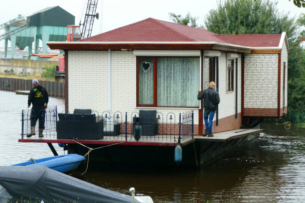 Boathouses in the Mississippi River in La Crosse, Wisconsin, USA.