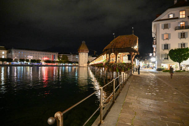 The Chapel Bridge on the Reuss, Lucerne at night, Switzerland.