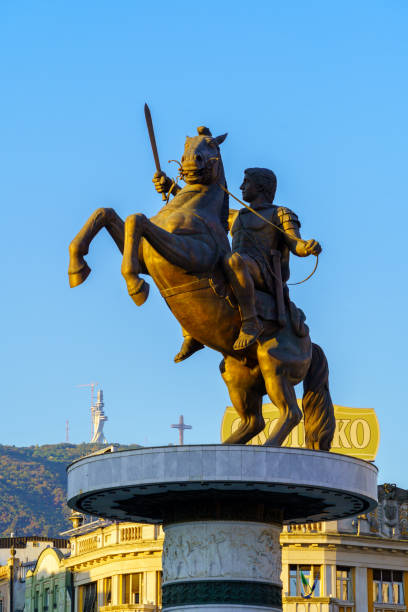 Skopje, North Macedonia - October 07, 2023: View of the Macedonia Square, with Alexander the Great monument, locals, and visitors, in Skopje, North Macedonia