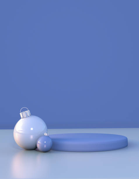 istock 3D empty blue stand podium with Christmas balls decorations for showcasing products on winter holidays 2182157578