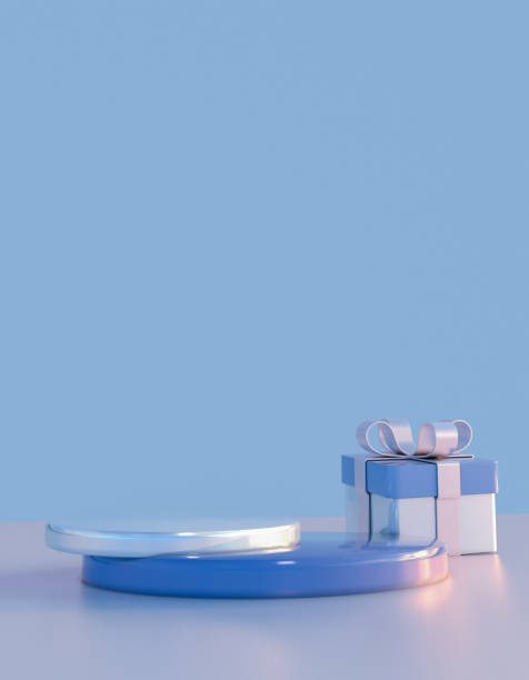 istock 3D silver blue minimal podium stand with festive gift box for design poster postcard or mockup 2182157605