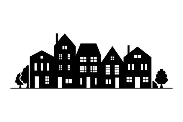 Houses icon. House. Cityscape. Black silhouette. Horizontal front view. Vector simple flat graphic illustration. Isolated object on white background. Isolate.